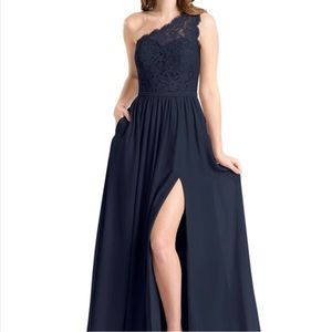 Azazie One Shoulder Lace Gown in Dark Navy